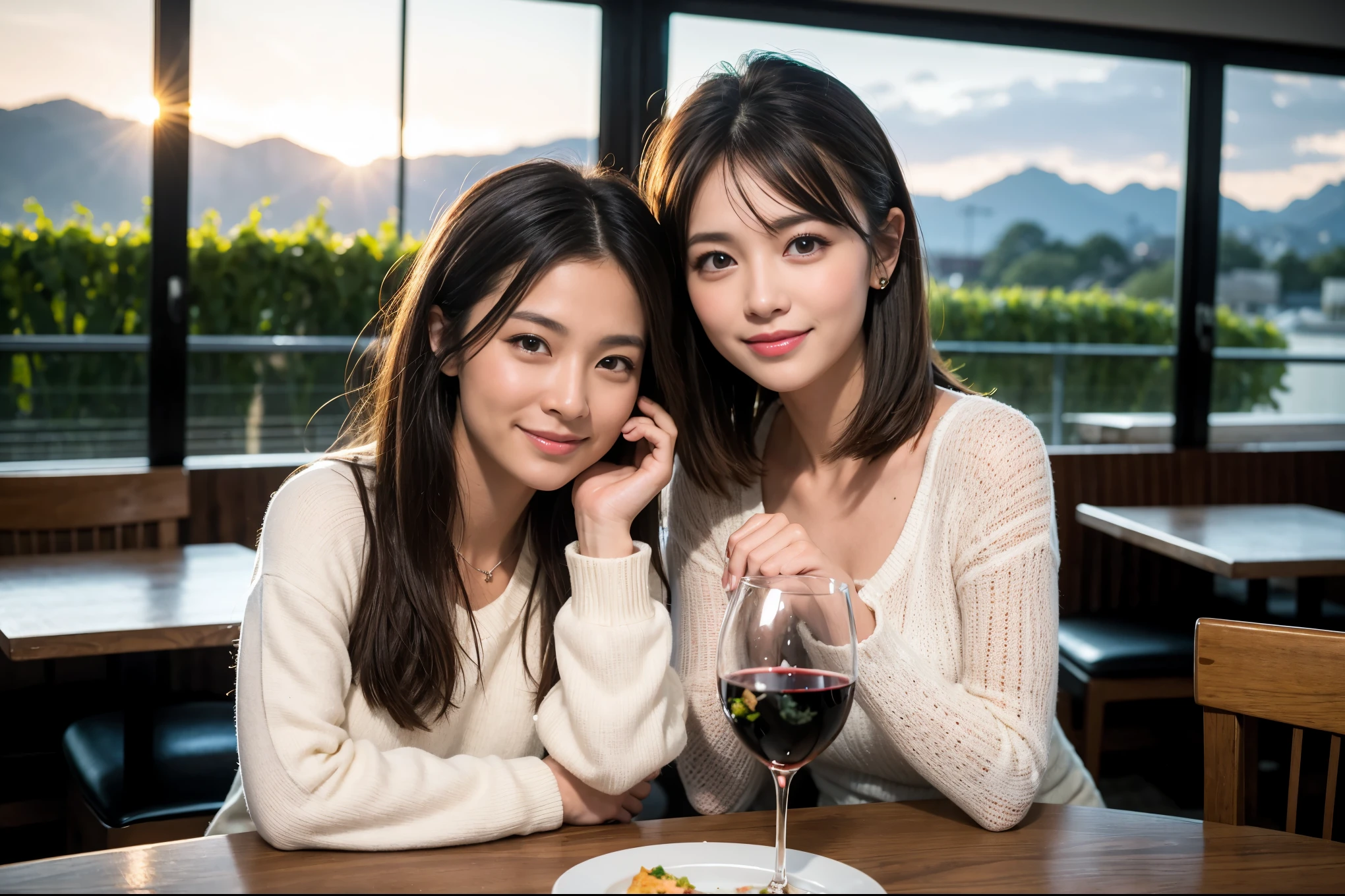 ((highest quality、8k、masterpiece:1.3))、1 male、1 female、石原さとみ似美女Couple、Spouse、Couple、The body is slim、((Bob Hale、Straight hair:1.2)), (Realistic, Intricate details:1.2), テーブルの上のwine glass、Shine light on your face、 Amazing view of the sunset sky and clouds、Amazing mountain views、A bright smile、The wonderfulness of smile、Bright image、The beauty of wine, Beautiful Face, blue eyes, The light shines on your face, Blushing, short hair,Bright Face、 (Age 37), "41 years old, red wine 、Appetizers、Italian food、Wine bottle、Champagne、sparkling wine、Two beauties、Brown Hair、Shortcuts、Long sleeve shirt、dress、Pretty Woman 1, (slimな顔), (The body is slim), (Brown Hair), (Shortcuts), cheeks turn a little red,Attractive beauty、restaurant, In a prominent place (From the waist up) Nova Frog Style, actress, model, Upper Body, White wine, slim, wine glass, 中央に置かれたwine glass, smile, (smile: 1.15), Beautiful fine grain, Depth f/2,saturation, High Contrast, Strong light and shadow,Moist Body:1.5、3D texture、Delicate eyes、Brown Hair、The hair is very shiny、