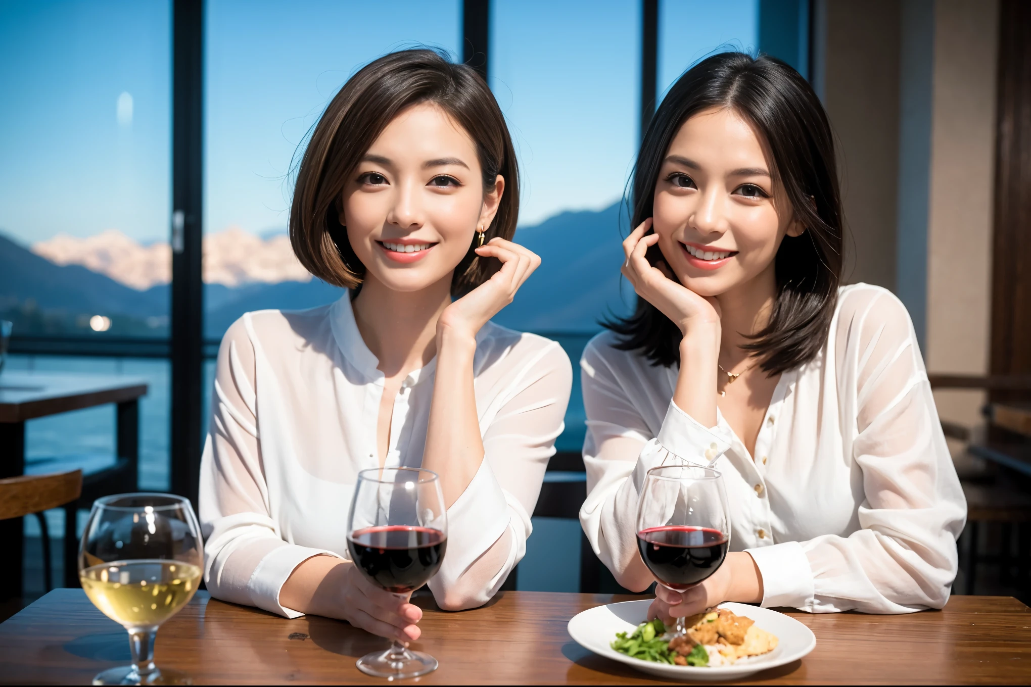 ((highest quality、8k、masterpiece:1.3))、1 male、1 female、石原さとみ似美女Couple、Spouse、Couple、The body is slim、((Bob Hale、Straight hair:1.2)), (Realistic, Intricate details:1.2), テーブルの上のwine glass、Shine light on your face、 Amazing view of the sunset sky and clouds、Amazing mountain views、A bright smile、The wonderfulness of smile、Bright image、The beauty of wine, Beautiful Face, blue eyes, The light shines on your face, Blushing, short hair,Bright Face、 (Age 37), "41 years old, red wine 、Appetizers、Italian food、Wine bottle、Champagne、sparkling wine、Two beauties、Brown Hair、Shortcuts、Long sleeve shirt、dress、Pretty Woman 1, (slimな顔), (The body is slim), (Brown Hair), (Shortcuts), cheeks turn a little red,Attractive beauty、restaurant, In a prominent place (From the waist up) Nova Frog Style, actress, model, Upper Body, White wine, slim, wine glass, 中央に置かれたwine glass, smile, (smile: 1.15), Beautiful fine grain, Depth f/2,saturation, High Contrast, Strong light and shadow,Moist Body:1.5、3D texture、Delicate eyes、Brown Hair、The hair is very shiny、