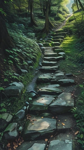 There is a stone path leading up the mountain, 路边小溪淙淙 stone pace, pace, old stone pace, Stone road, Stone steps, way, stepping stones, stone ways, 35mm lens, Forest Path, pace leading down, Hiking trails, 35 mm lens, 35mm lens, 3.5 mm caliber