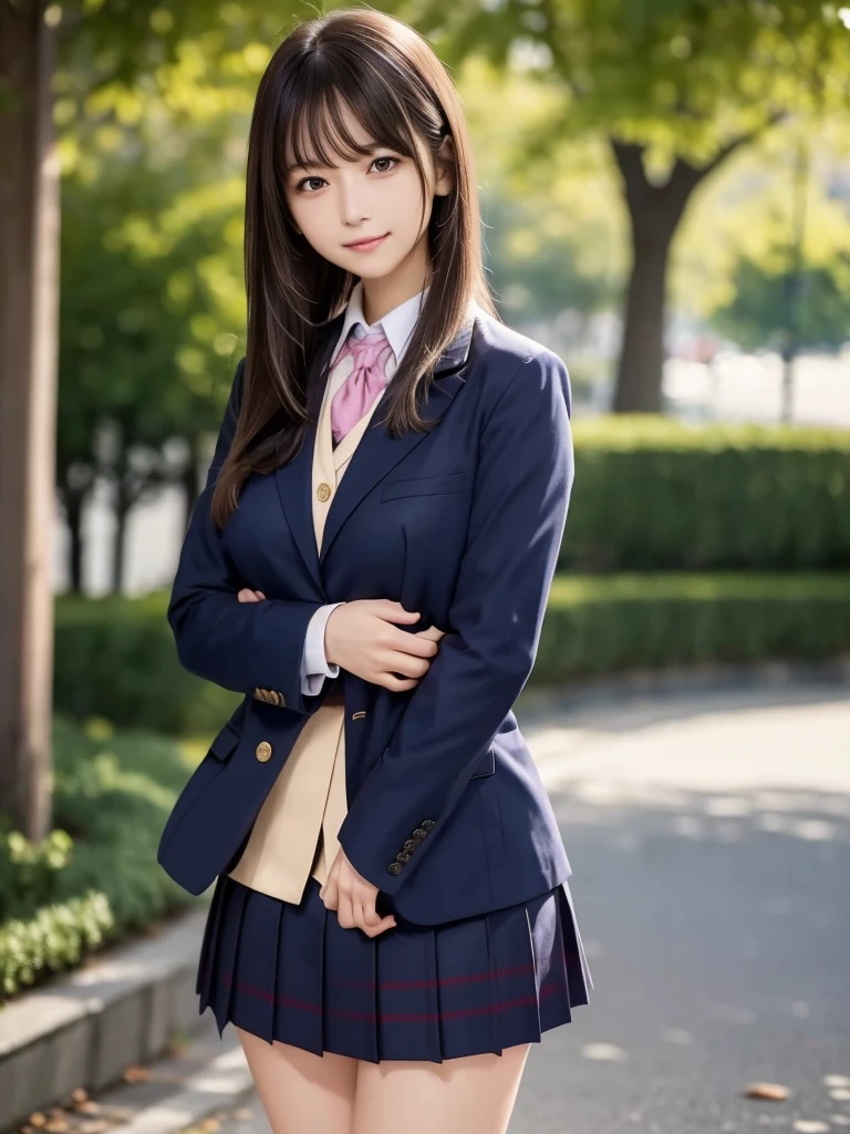 8K, highest quality, The real picture, Intricate details, Very detailed, Ultra-high resolution, Depth Field,(Realistic,Realistic:1.2),Tabletop , (Full Body Shot) , From the middle , 1 girl, eye_Chan, Very beautiful 17 year old girl, innocent big eyes,、Beautiful breasts:1.5、非常に詳細なeye:1.2)、(Beautiful breasts:1.1)、((Brown Hair))、(Semi-long hair), Asymmetrical bangs, Perfect Skin, Fair skin, Small breasts, Tight waist, alone, Staring at the audience, (smile), ((Fold your arms in front of your chest and act arrogantly)), ((楽しそうなsmile)), ((Perfect hand shape)), (Wears a navy blue school blazer uniform:1.3), (Long Bob Hair:1.3), Standing in the park, (The wind is blowing、A navy blue and pink checked miniskirt flips up),