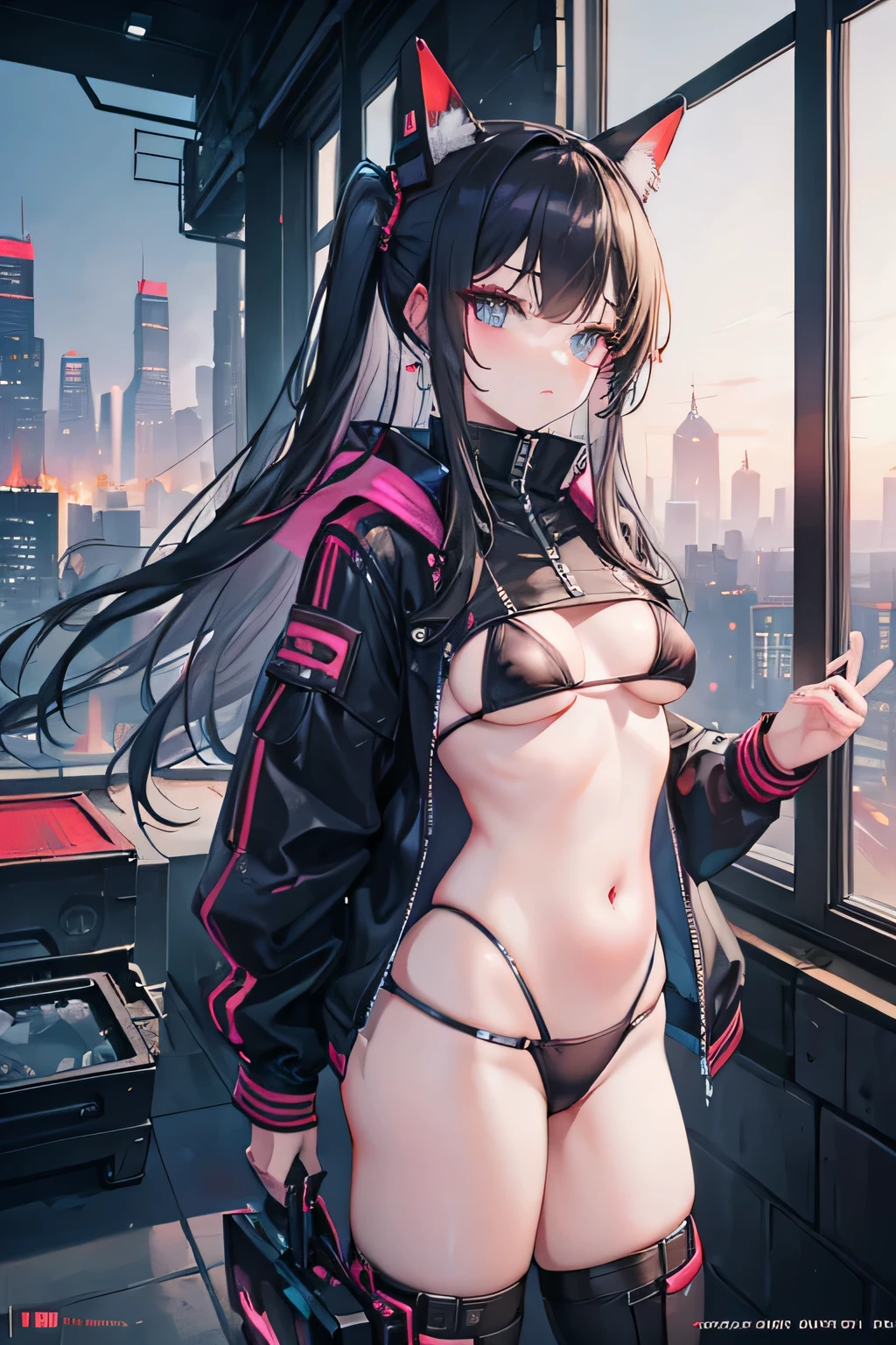 ((Best quality)) , ((Masterpiece)) , (Detailed) , (cyber punk perssonage:1.3),abstracted, American Expressionism, Shanghai in the background, Ultra detailed, lecherous, moonlit, 8K resolution, small boobs, bikini, see thru, nippel