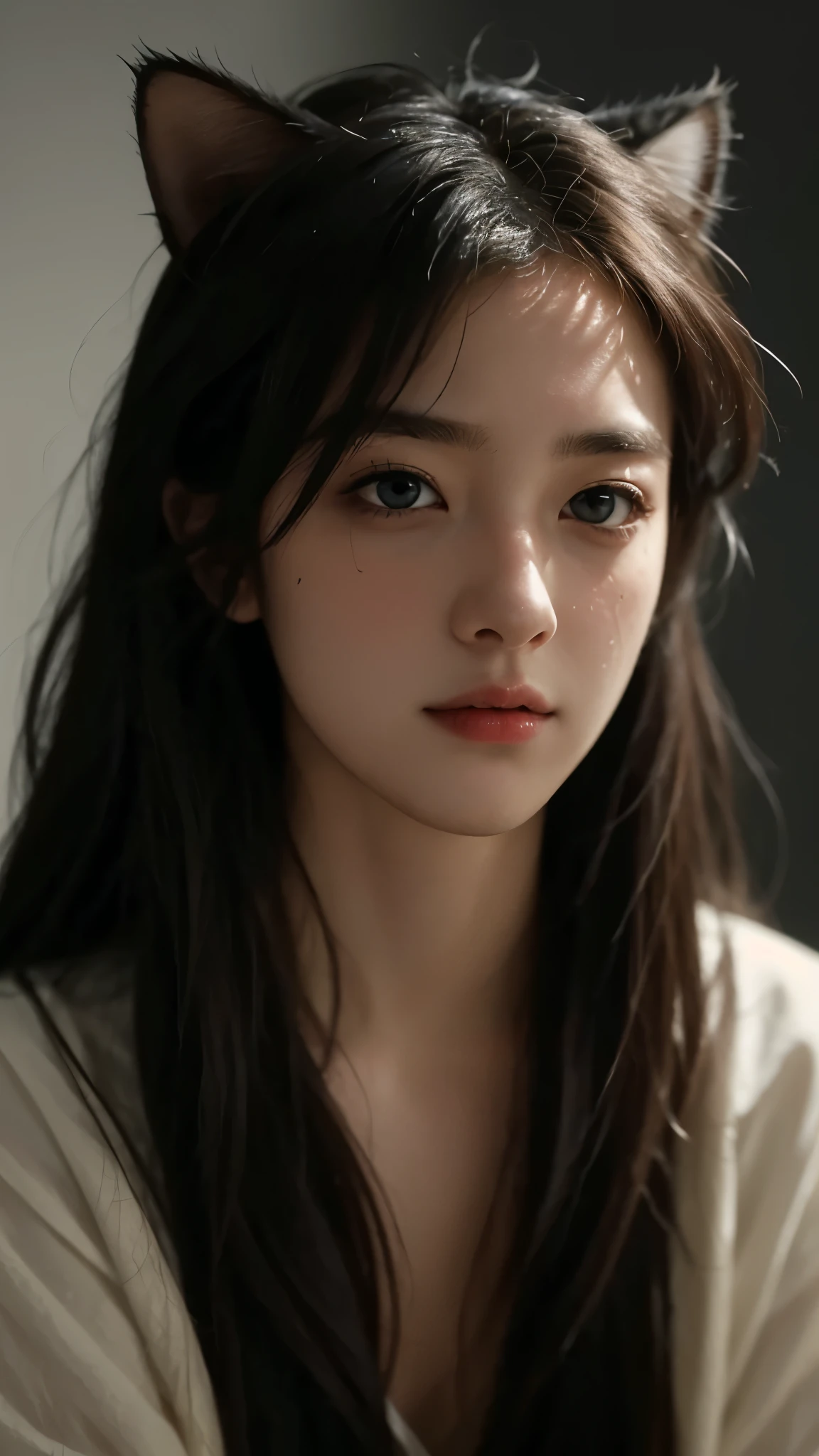 Best quality,masterpiece,Ultra-high resolution,RAW photos, Cat ears,cute,In the light,deep shadow,Low profile,Cold Light,sexy look,Long hair,((best quality: 1.5)) ((masterpiece: 0.8)), Intricate details, Clear focus, professional, real life, Real facial expression, Dynamic poses, ((([Large breasts:0.8])))),