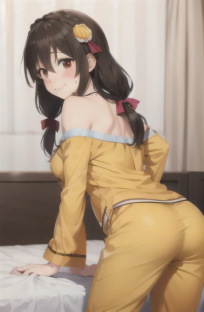 masterpiece,highest quality,High resolution,Super detailed,yes,Long Hair,Braiding,Twin tails,Hair between the eyes,Hair Ribbon,hair ornaments,Big Breasts,(Yellow off-the-shoulder pajamas:1.2),bed,Blushing and embarrassed smile,Pink Pants,No pants,Sigh,Sweat,Wet,Red Eyes.Side view,Trying to take off your pants,looking back