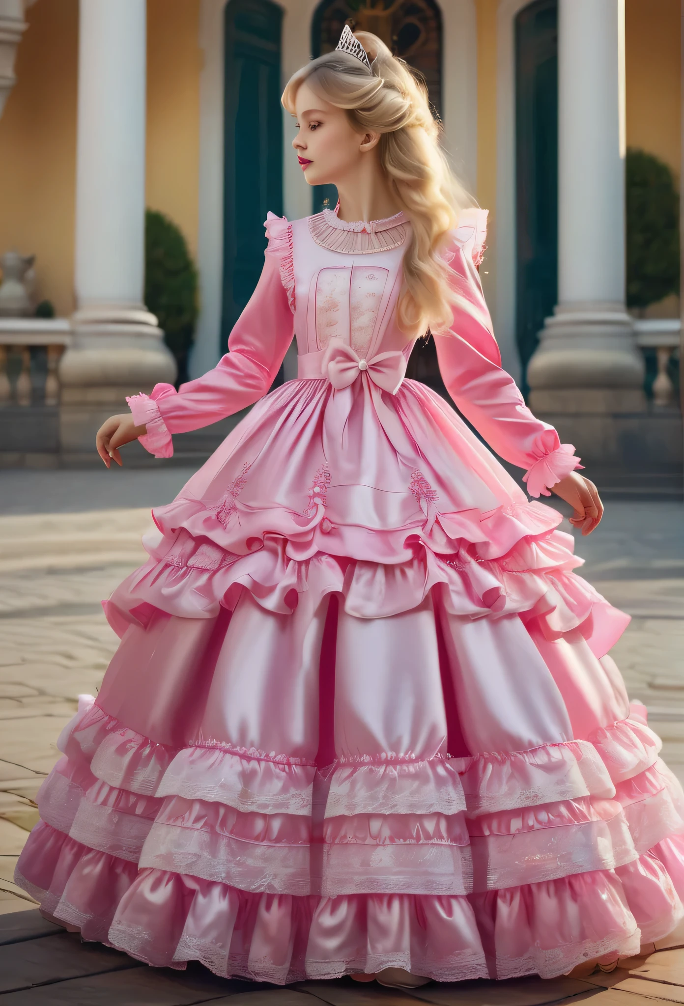 ,highest quality, masterpiece, highest resolution, artwork, 3K realistic photos,,(( girls)),Super detailed baby face,both arees,Full length ball gown dress with hoop skirt,ruffled yoke collar,Detailed braided ribbon on chest,puff sleeves,long sleeve,((Lolita style hot pink detailed princess satin dress、Comes with lots of frills and ribbons。)),shiny silk satin dress,soft and smooth silk satin fabric,luxury,Very long blonde hair,blue eyes,white skin european,pajamas,((Outside the palace)),Princess dancing happily,gorgeous flowing dress,fine white frills and lace,Super long hair that is as tall as your body,the princess is running