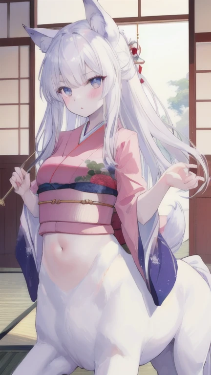 (best quality, masterpiece), 1 girl, centaur, It takes,White skin, Japanese , kimono, belly button t-shirt, 아름다운 소녀 perfect wolf photo, perfect wolf photo