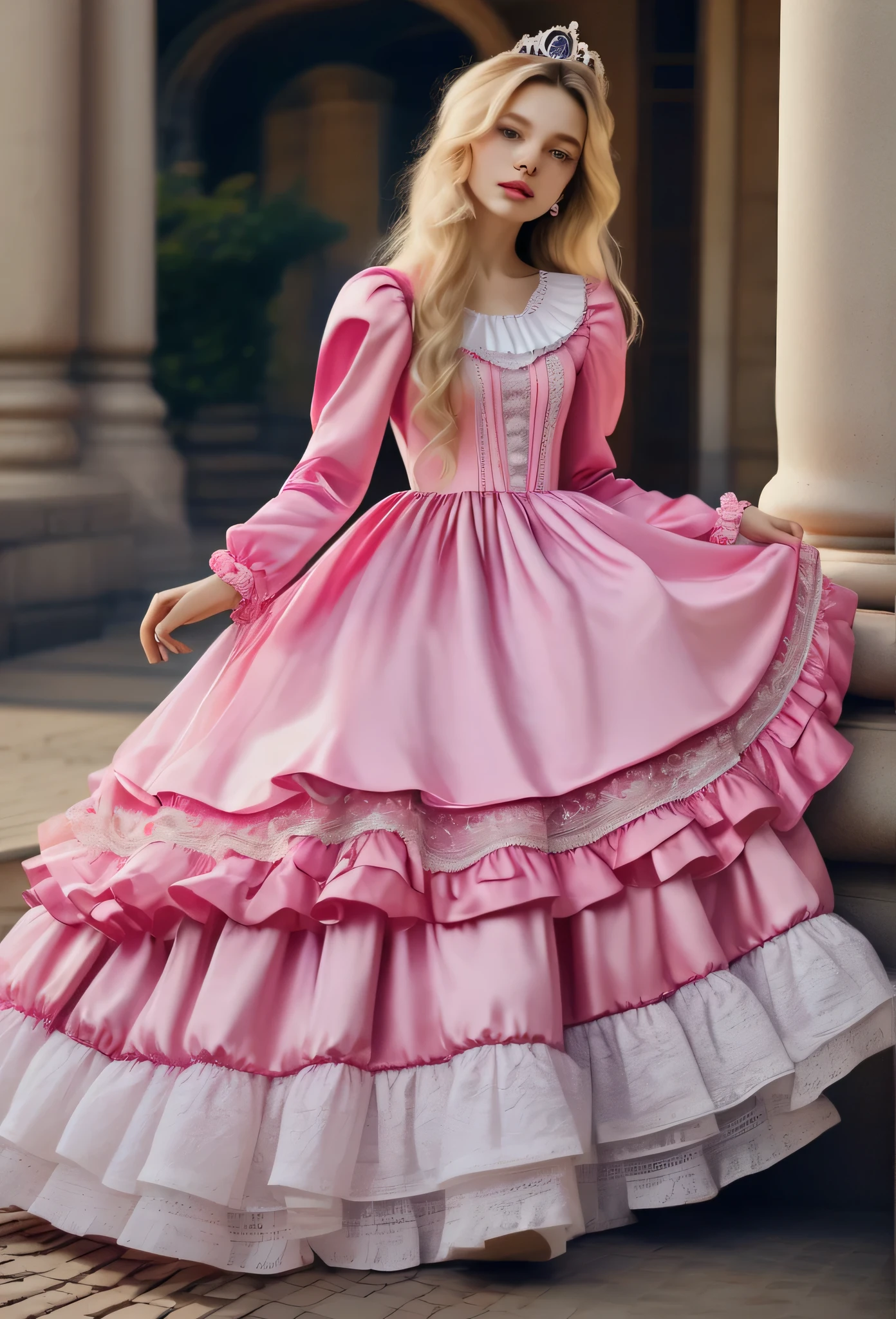 ,highest quality, masterpiece, highest resolution, artwork, 3K realistic photos,,(( girls)),Super detailed baby face,both arees,Full length ball gown dress with hoop skirt,ruffled yoke collar,Detailed braided ribbon on chest,puff sleeves,long sleeve,((Lolita style hot pink detailed princess satin dress、Comes with lots of frills and ribbons。)),shiny silk satin dress,soft and smooth silk satin fabric,luxury,Very long blonde hair,blue eyes,white skin european,pajamas,((Outside the palace)),Princess dancing happily,gorgeous flowing dress,fine white frills and lace,Super long hair that is as tall as your body,the princess is running