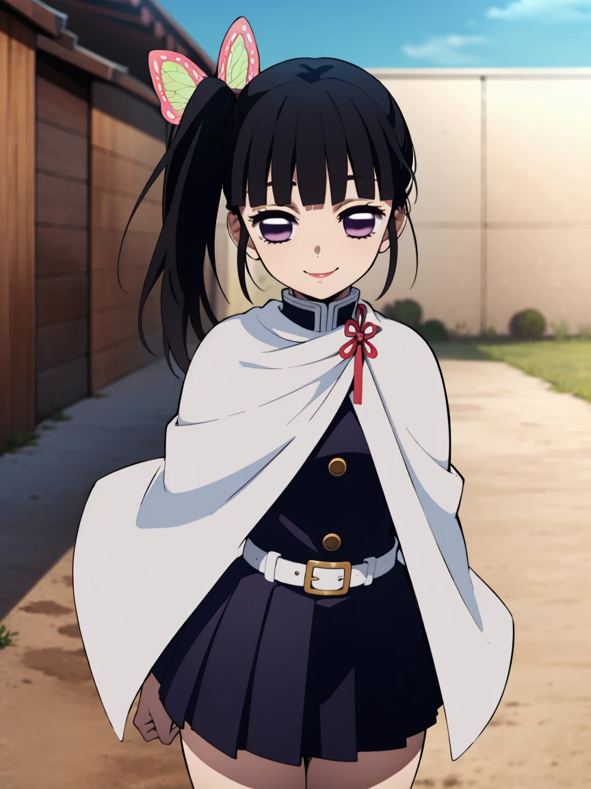 anime coloring, kimetsu no yaiba style, Portrait, official art, best masterpiece, best quality, best resolution, 8K, best detailed, highly detailed hands, highly detailed fingers, very detailed mouth, perfect anatomy, perfect very detailed vagina, looking at viewer
BREAK
cowboy shot, Portrait, arms behind back, head tilt
BREAK
kanao tsuyuri, black hair, (purple eyes:1.1), butterfly hair ornament, side ponytail, ponytail, black skirt, demon slayer uniform, long sleeves, pleated skirt, thighs, white cape, (small breasts), (Short stature)
BREAK
smile, (empty eyes:1.3)
BREAK
outdoor, sunlight, dust, dust, light particles, very detailed 16KCG wallpapers