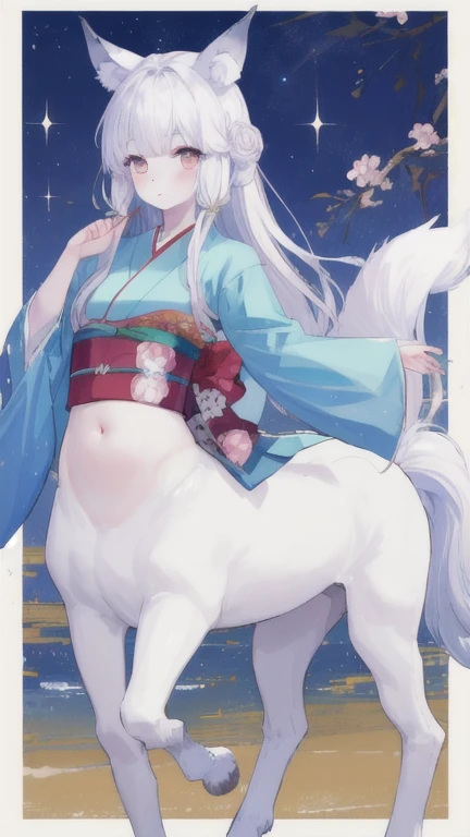 (best quality, masterpiece), 1 girl, centaur, It takes,White skin, Japanese , kimono, belly button t-shirt, 아름다운 소녀 perfect wolf photo, perfect wolf photo