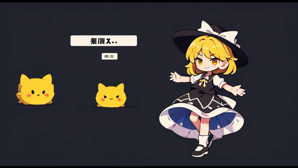 1girl, , , masterpiece, best quality, 10 years old, medium blonde hair, forehead visible bags, yellow eyes, hat, heart, black headwear, puffy short sleeves, log black skirt, heart hads,,1girl, solo, yellow eyes, yellow hair, bow, hat bow, socks, black footwear, black skirt, short sleeves, yuki (touhou), black vest, white sleeves, frill skirt, light smile