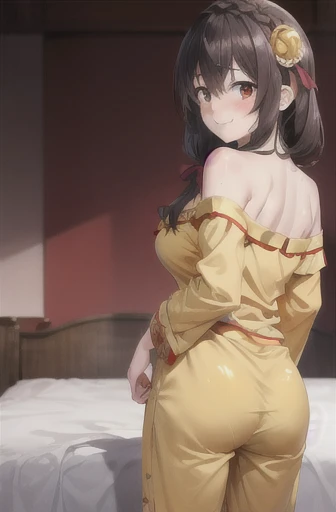 masterpiece,highest quality,High resolution,Super detailed,yes,Long Hair,Braiding,Twin tails,Hair between the eyes,Hair Ribbon,hair ornaments,Big Breasts,(Yellow off-the-shoulder pajamas:1.2),bed,Blushing and embarrassed smile,Pink Pants,No pants,Sigh,Sweat,Wet,Red Eyes.Side view,looking back