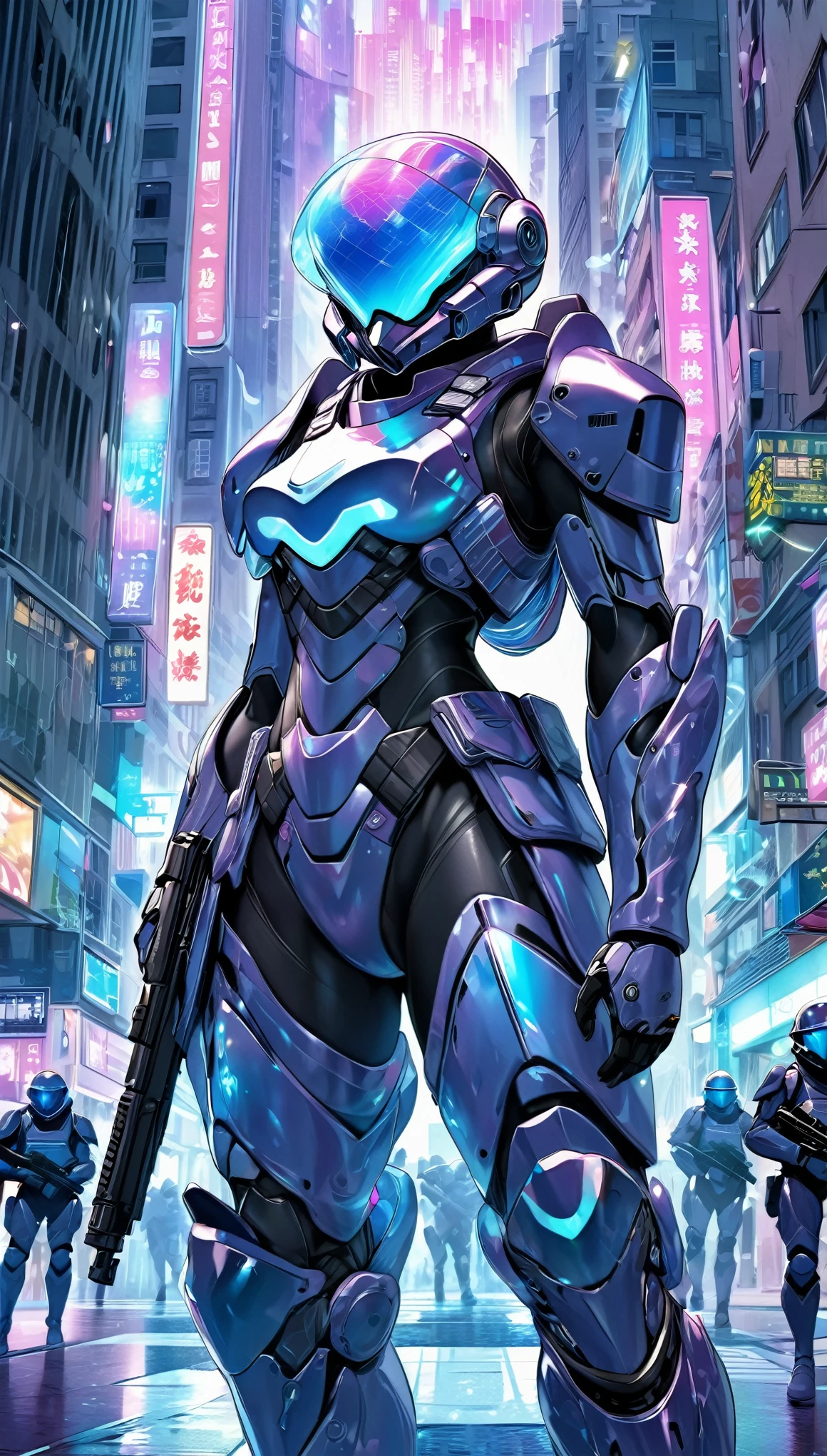 seamless image fusion, best quality, super fine, 16k, incredibly absurdres, extremely detailed, delicate and dynamic, cool and militant combatants, wearing hologram armored combat suits that fit tightly to the body and blend into the surrounding scenery, iridescent, background in the same color as the combat uniform, background Iridescent city