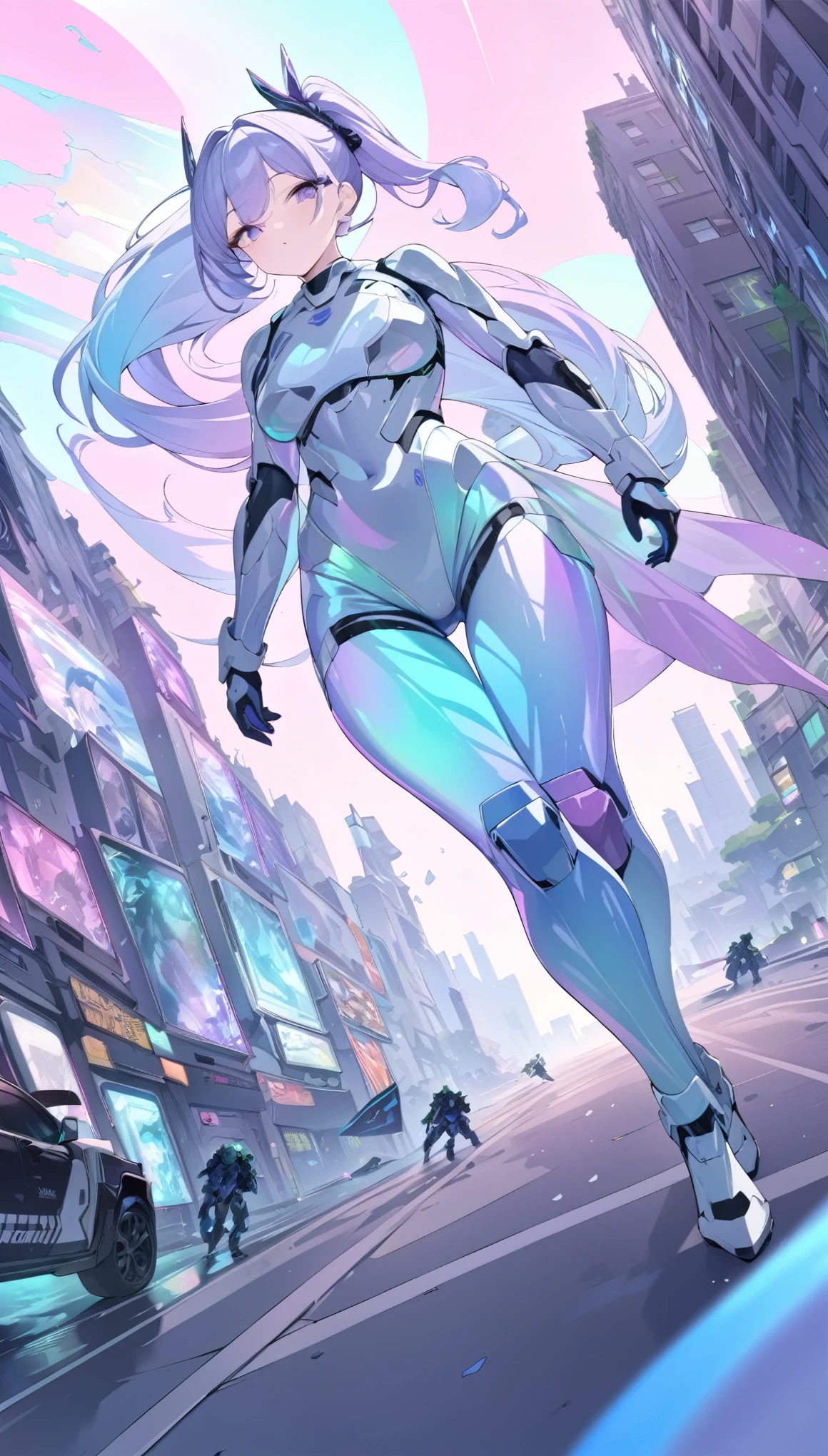 seamless image fusion, best quality, super fine, 16k, incredibly absurdres, extremely detailed, delicate and dynamic, cool and militant combatants, wearing hologram armored combat suits that fit tightly to the body and blend into the surrounding scenery, iridescent, background in the same color as the combat uniform, background Iridescent city