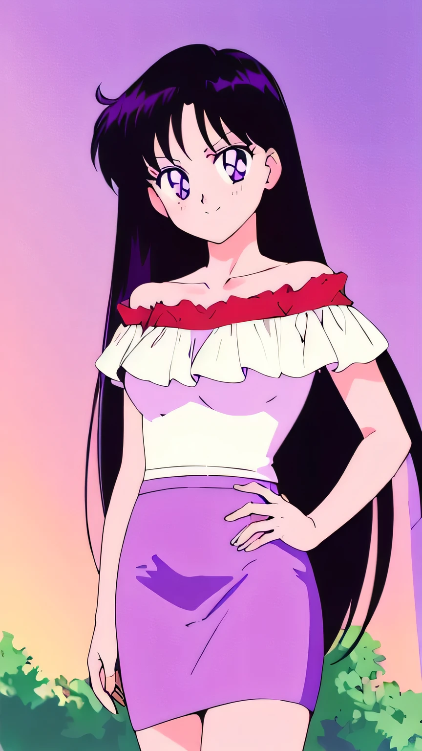 (retro anime girl:1.2), (masterpiece:1.2), (best quality), (ultra detailed), (8k,4k), (half body:1.2), (cowboy:1.2), (close up:1.2), (highly detailed:1.2), (White Ruffle Off-the-shoulder top:1.4), (purple pencil skirt:1.4), Rei Hino, 1 girl, solo, Best quality, masterpiece, High Definition, r, Purple Eyes, Beautiful Detail Eyes, Black Hair, Long Hair, Good hands at sides, Seductive Smile, Blushing, Bare Neck, Bare Arms, Bare Shoulders, short sleeve, Strapless, White Ruffle Off-the-Shoulder Top, purple pencil skirt, standing in her garden, looking at viewers, garden, sunset skies, rose bushes, outdoor gazebo