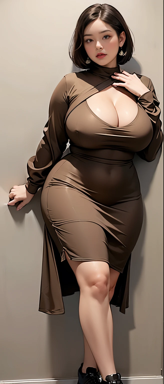 woman in brown dress and shorts hairstyle Leaning against the wall of the dark room, wearing a polite brown clothes , hijab outfit, with a long brown dress , longest dress fashion model, plus size, plus size woman, wearing brown longest dressed , woman in brown longest dress , beautiful Indonesia woman, thicc, brown outfit,, wearing a brown robe, brown , with longest hand clothes , bbwchan, large cleavage, very large cleavage, massive cleavage , wearing a sneakers, 35 years old woman, asian women , short hair , full body, thick neck , massive thighs , thick cheeks , Indonesian goddess 