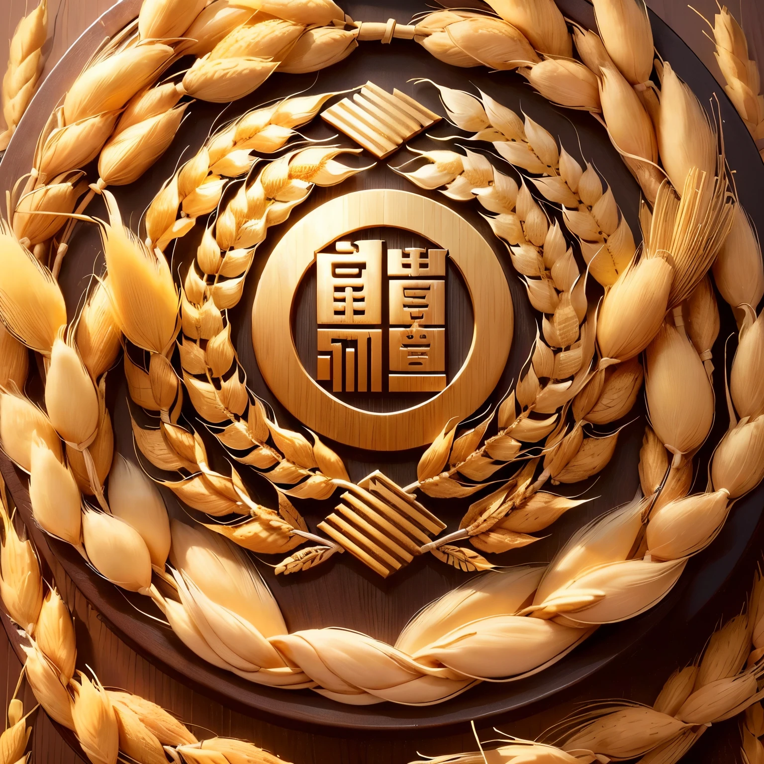 a detailed closeup of a logo with wheat stalks and ribbons, qiangshu, house, guang family, shaxi, gu family, nanquan, xianxia, commercial logo, zimen zheng, shenzhen, jinshan, chiba takeo, daoshu, yan, beijing, ruan family, best logo