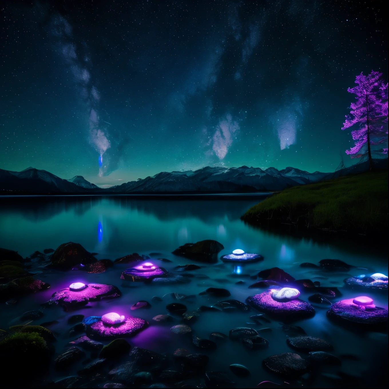 super high quality, 8k, RAW photo, realistic, detailed and delicate depiction and flashy and dynamic painting method, on a freezing cold night, bioluminescent mushrooms create a variety of colors that reflect on the surface of the lake, background starry sky, moon, dark forest