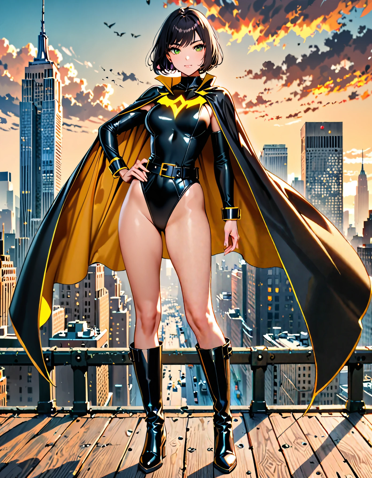 (masterpiece), (best quality), (high res), 1lady, tall body, beautiful detailed eyes, beautiful detailed face, perfect hands, complete fingers, perfect anatomy, perfect proportions, ((black hair, short hair, bob hair)), ((green eyes)), ((leotard, black leotard, matching leotard, bare legs)), ((boots, matching boots, knee-high boots, black boots)), breasts, medium breasts, (full body portrait), looking at viewer, solo, solo focus, standing, one hand on hip, cowboy shot, new york backdrop, (belt, tight belt), (black sleeves, yellow cuffs), (yellow hawk (symbol) on chest), (medium cape, jet black cape), full body costume design.