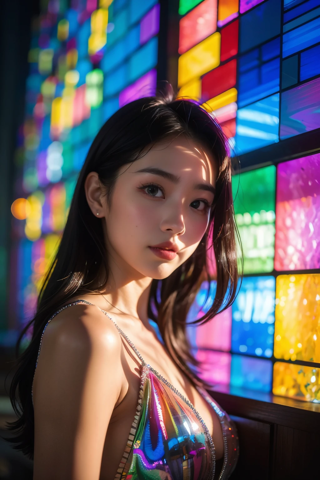 highest quality, 8K resolution, masterpiece, Professional photography, One Japanese woman, 28 years old, Upper Body View, The background is colorful stained glass, Enchanting atmosphere, contemporary scene, Rainbow Glass