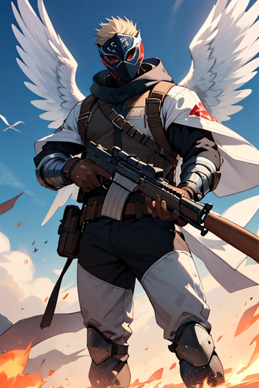 Garoto , with 4 white wings like an angel ,cor de pele branca , com armadura e encapuzado,with mask , With an AK-47 in hand