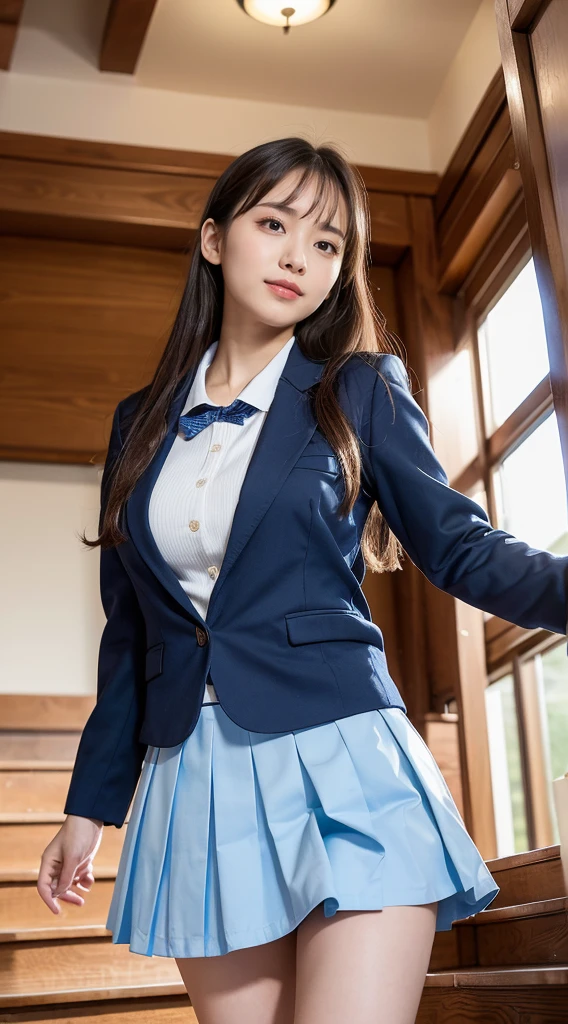 (8K, best quality, masterpiece:1.2), (realistic, photo-realistic:1.37), (high color saturation:1.0), (highly detailed skin), (highest quality:1.0), (ultra high resolution:1.0) ,(realistic:1.0), (Super detailed:1.0), (8K, Raw photo:1.1)、standing random pose, smiling, natural breast, perfect lighting, ((3girls students)), 18years old, (mysterious), clear and detailed, ((school_uniform, Japanese blazer uniform, flared skirt)), (indoor school climb the stairs), surprised face, (cute panties), looking at back viewer, nsfw, low angle photo,
