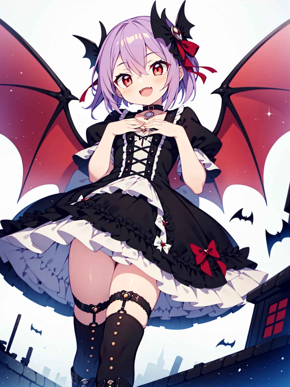 Colorful , masutepiece, Best Quality, 1girl in, , purple hair, short hair, Evil Female Executive, Goth Lolita Costume, a miniskirt, White stockings, Large red ribbon, a choker, White inner, black clothes, Sadistic smile, evil smile, black boots, bat wings, , from below, looking at viewer, hairs between eyes, red eyes, shiny eyes, open mouth, teeth, fang, hand on own chest,