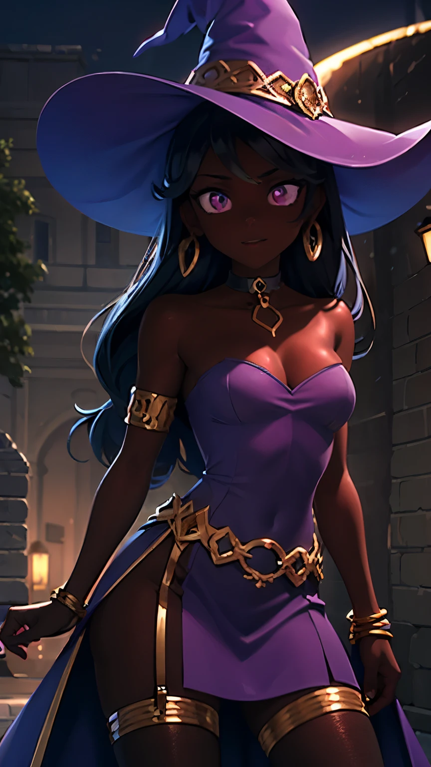 shaded face, purple clothes, strapless dress, tulle skirt, gold chain belt, gold armlet, gold bracelet, gold choker, gold neck chains, gold decoration, black tights, gold garter belt, lustrous dark skin, glowing purple eyes, iridescent witch hat, dungeon ruins