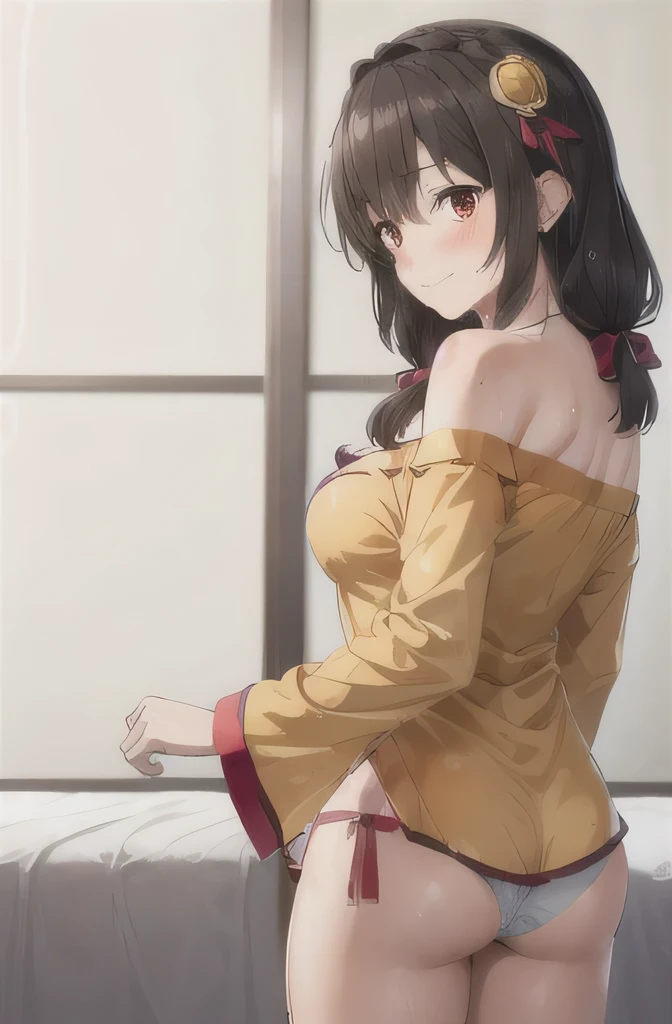 masterpiece,highest quality,High resolution,Super detailed,yes,Long Hair,Braiding,Twin tails,Hair between the eyes,Hair Ribbon,hair ornaments,Big Breasts,(Yellow off-the-shoulder pajamas:1.2),bed,Blushing and embarrassed smile,Pink Pants,No pants,Sigh,Sweat,Wet,Red Eyes.Side view,looking back