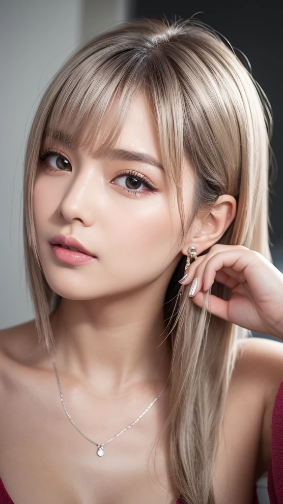 (8k, Photorealistic, Raw photo, Highest quality: 1.4),Japanese idol style１Beautiful girl of the person,18-year-old,Very short hairstyle,Silver Hair,Hang your hair over your ears,Wearing small earrings in the ears,Big, clear grey eyes,Long eyelashes,Tear bags,There is a blackhead under the left eye,Plump Cheeks,Wearing pink lipstick,Apply gloss over your lipstick for glossy, plump lips,A short pendant is hanging around her neck.,He is wearing a black men&#39;s watch on his left wrist.,Both hands have pink nail polish on their nails,Both toenails have red nail polish,Smiling,Wearing an oversized white T-shirt,Wearing skin-tight, ripped jeans,She is wearing red high heels on her bare feet,She is wearing an anklet on her right ankle,She is surrounded by the gentle sunlight filtering through the trees.,Full body portrait