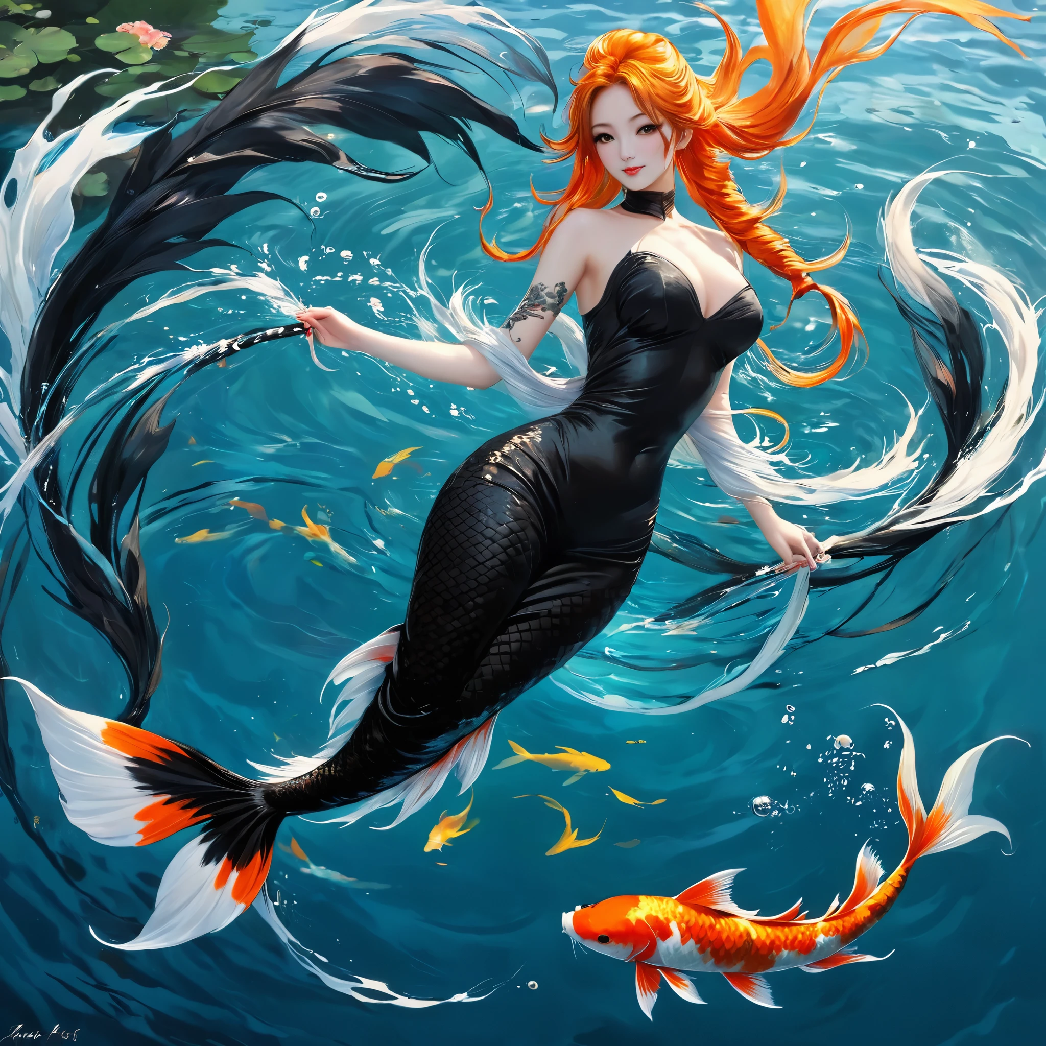 Fishtail cat in the sea，Big koi，黑色的Big koi