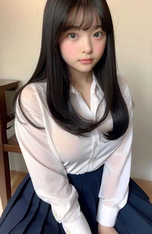 (highest quality, 8k, masterpiece ), A 12-year-old junior high school student with a young face、ショートヘアの三つ編みヘアスタイル bangs、Eyes are crisp、The bra is visible,Black Hair、My shirt is about to burst、Big Breasts、bangs:0.6,Glamour thighs:1.1、See-through button-down shirt:1.3、Navy Pleated Mini Skirt, Highly detailed face, double eyelid, Strong natural light、Round face:1.2、whole body、Plump thighs:1.1、loafers、round face:1.3、Side Angle,Diagonal horizontal angle:1.2