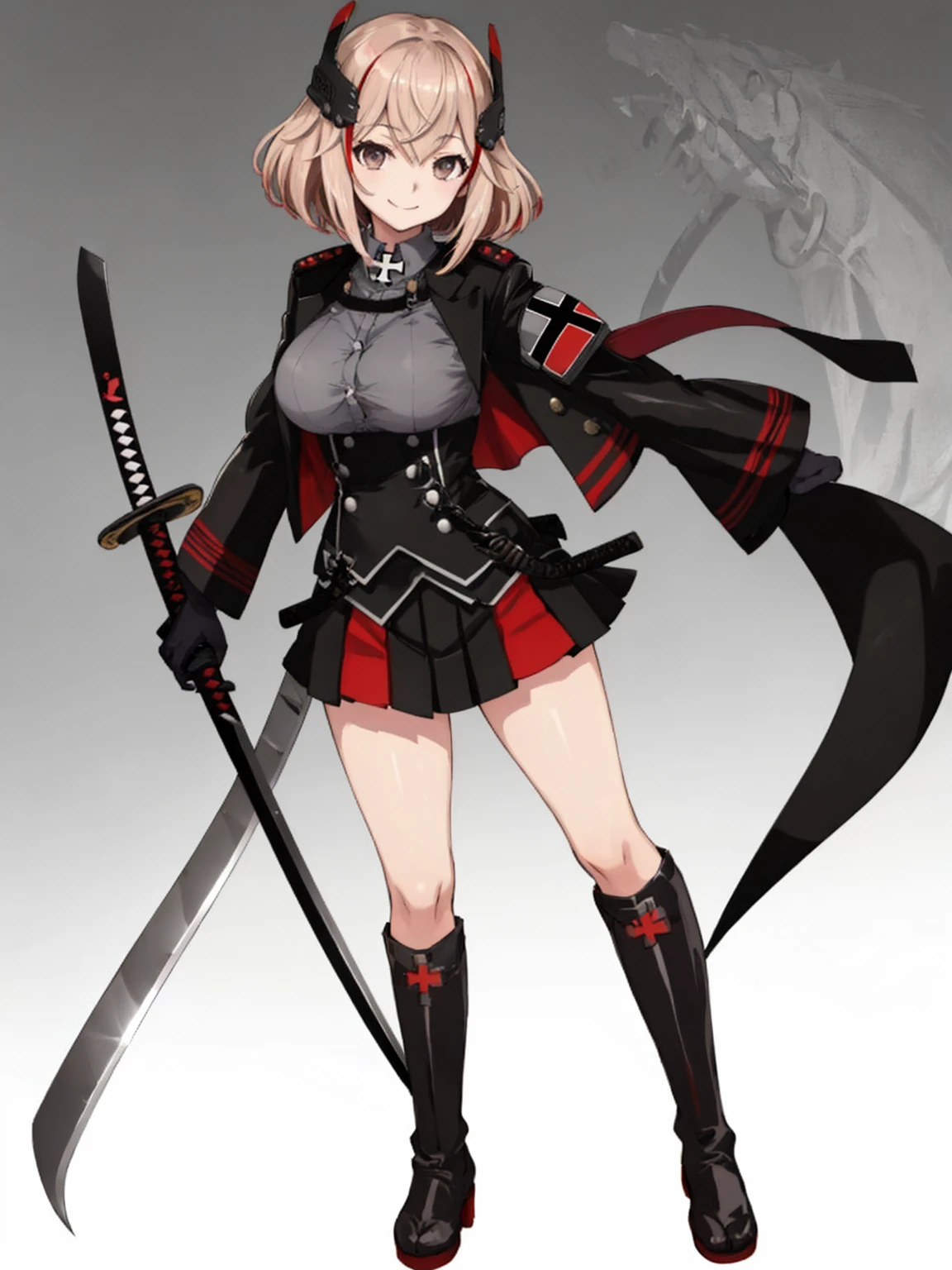 masterpiece, best quality, RoonV4, 1girl, solo, looking at viewer, smile, skirt, shirt, gloves, long sleeves, closed mouth, standing, jacket, upperbody, sidelocks, pleated skirt, boots, black gloves, collared shirt, miniskirt, black skirt, black footwear, black jacket, buttons, headgear, knee boots, cross, armband, grey shirt, cropped jacket, iron cross,katana,katana in hand,Japanese katana,long blade katana,katana held with right hand,katana long blade 60cm,katana in the hand,with high katana with one blade,hand with high quality,just a katana,only one blade,held on the side of the tsuka,tsuka,katana best qualit,