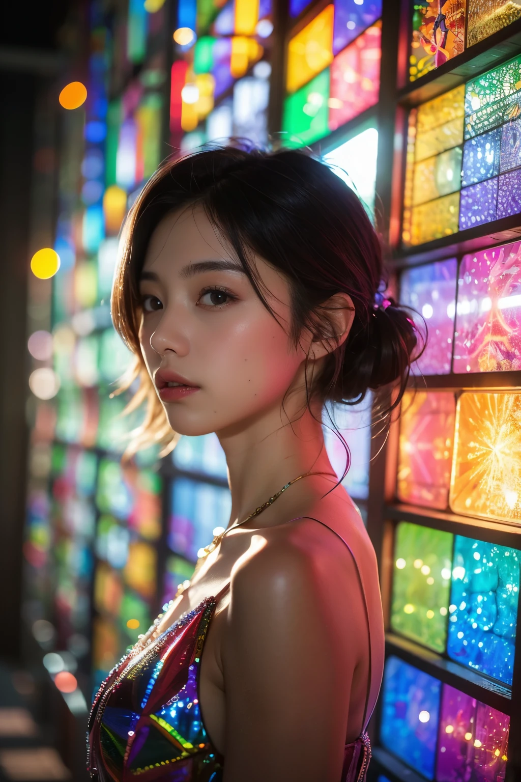 highest quality, 8K resolution, masterpiece, Professional photography, One Japanese woman, 28 years old, Upper Body View, The background is colorful stained glass, Enchanting atmosphere, contemporary scene, Rainbow Glass