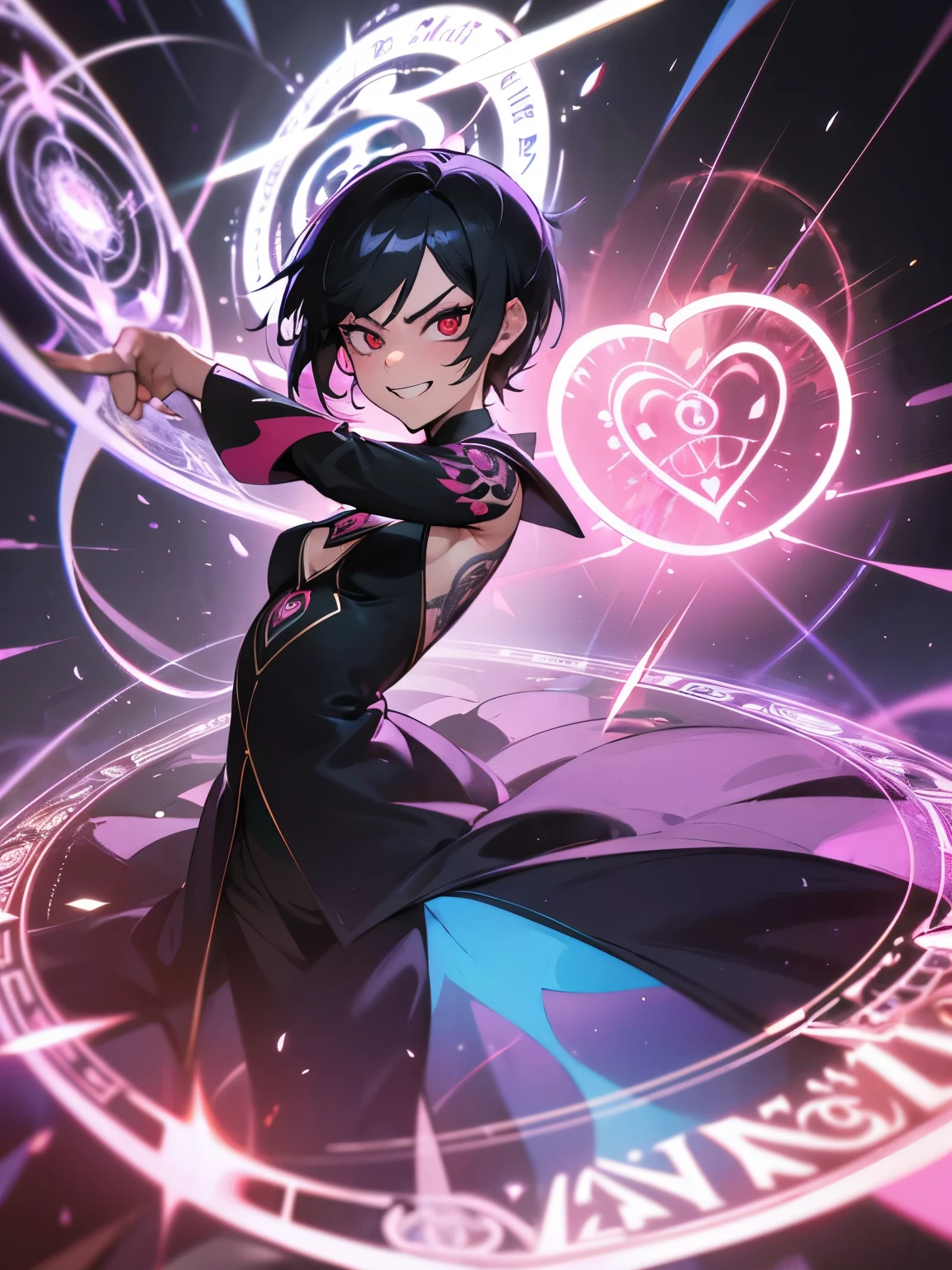 1 adult woman, (Ecstatic face), heart mark, vivid color, magic circle in the background, (glaring to viewer), suit, sideboob, (masterpiece), ultra detailed, vividly depicted painting, aura, precise background, (geometry tattoo), (cinematic), elaborate, (gritty), (small shiny magic circle at fingers), teeth, dynamic posing for photo, short hair, detailed magic circle, 