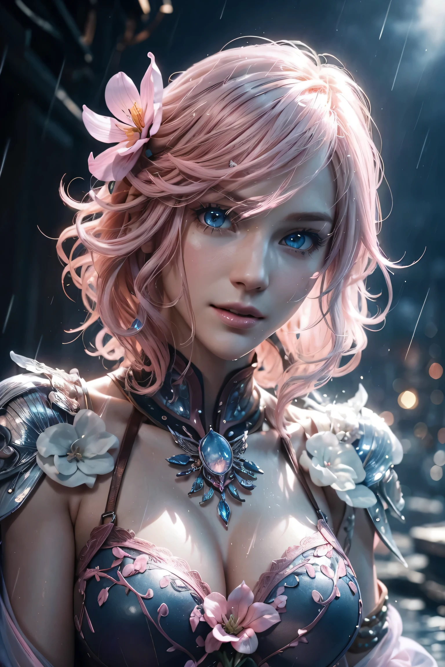 Thunder,Final Fantasy,Pink Blonde,Medium Hair,Lightly permed hair,Curly hair on one side,Let your bangs down,Beautiful Blue Eyes,Beautiful and tall nose,Ultra HD,super high quality,masterpiece,Digital SLR,Photorealistic,Detailed details,Vivid details,Depicted in detail,A detailed face,Detailed details,Super Detail,Realistic skin texture,Anatomical basis,Perfect Anatomy,Anatomically correct hand,Anatomically correct fingers,Complex 3D rendering,Sexy pose,,Beautiful morning glory(flower),Rainy Sky,Beautiful scenery,Fantastic rainy sky,Picturesque,Pink Lips,smile,Fantastic butterflies々,