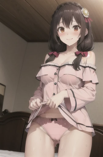 masterpiece,highest quality,High resolution,Super detailed,yes,Long Hair,Braiding,Twin tails,Hair between the eyes,Hair Ribbon,hair ornaments,Big Breasts,(Yellow off-the-shoulder pajamas:1.2),bed,Blushing and embarrassed smile,Pink Pants,No pants,Sigh,Sweat,Wet,Red Eyes.Lifting the bottoms of my pajamas、View from below
