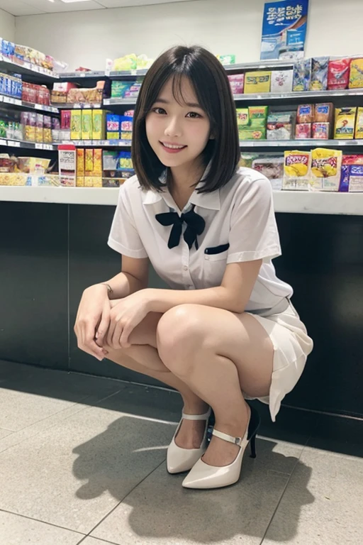 full body, muste piece、High resolution、convenience store of the future、Convenience store clerk、20 year old korean female、１girl clerk、looking at the camera、smile、Finished as pictured、The cashier is also beautiful、Her skin is white and beautiful、short and beautiful hair、inner color、hair should be tied back、Clerk's uniform、girl squatting on the floor, (((white panty))), show white panty, from front,