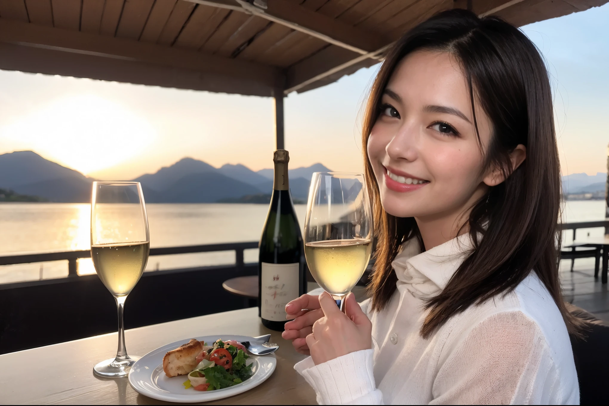 ((highest quality、8k、masterpiece:1.3))、1 male、1 female、石原さとみ似美女Couple、Spouse、Couple、The body is slim、((Bob Hale、Straight hair:1.2)), (Realistic, Intricate details:1.2), テーブルの上のwine glass、Shine light on your face、 Amazing view of the sunset sky and clouds、Amazing mountain views、A bright smile、The wonderfulness of smile、Bright image、The beauty of wine, Beautiful Face, blue eyes, The light shines on your face, Blushing, short hair,Bright Face、 (Age 37), "41 years old, red wine 、Appetizers、Italian food、Wine bottle、Champagne、sparkling wine、Two beauties、Brown Hair、Shortcuts、Long sleeve shirt、dress、Pretty Woman 1, (slimな顔), (The body is slim), (Brown Hair), (Shortcuts), cheeks turn a little red,Attractive beauty、restaurant, In a prominent place (From the waist up) Nova Frog Style, actress, model, Upper Body, White wine, slim, wine glass, 中央に置かれたwine glass, smile, (smile: 1.15), Beautiful fine grain, Depth f/2,saturation, High Contrast, Strong light and shadow,Moist Body:1.5、3D texture、Delicate eyes、Brown Hair、The hair is very shiny、