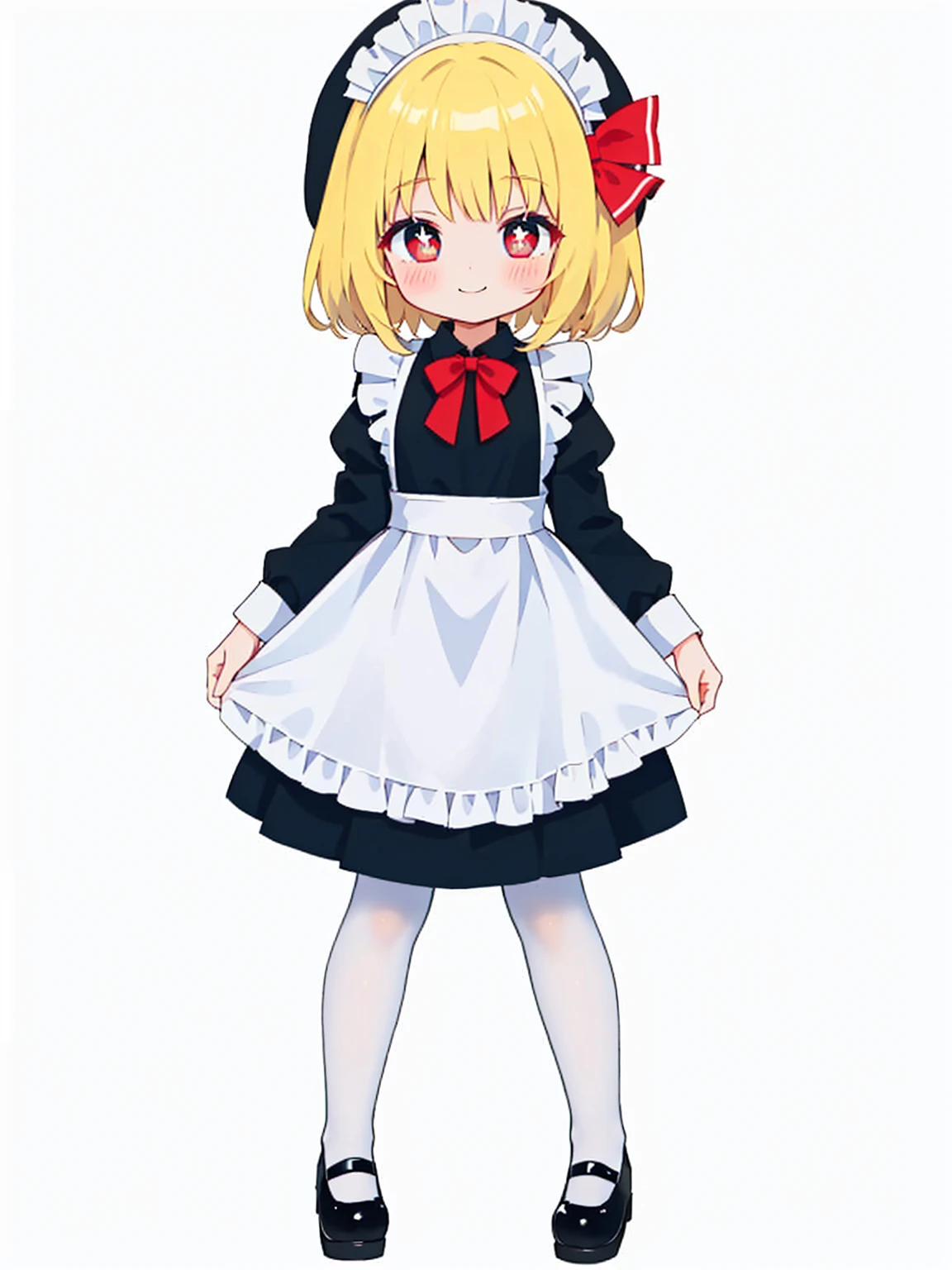 rumia,1girl, skirt, solo, blond hair, red eyes, flatchest, young, white_background, heart, full_body, simple_background, black_footwear, maid, long_sleeves, maid_headdress, smile, alternate_costume, black_dress, closed_mouth, mary_janes, white_pantyhose, white_apron, red_bow, standing, looking_at_viewer, ribbon, blush, maid_apron
star-shaped_pupils,symbol-shaped_pupils,. gorgeous,key visual, vibrant, studio anime,award-winning, professional, highly detailed,high budget, cinemascope,