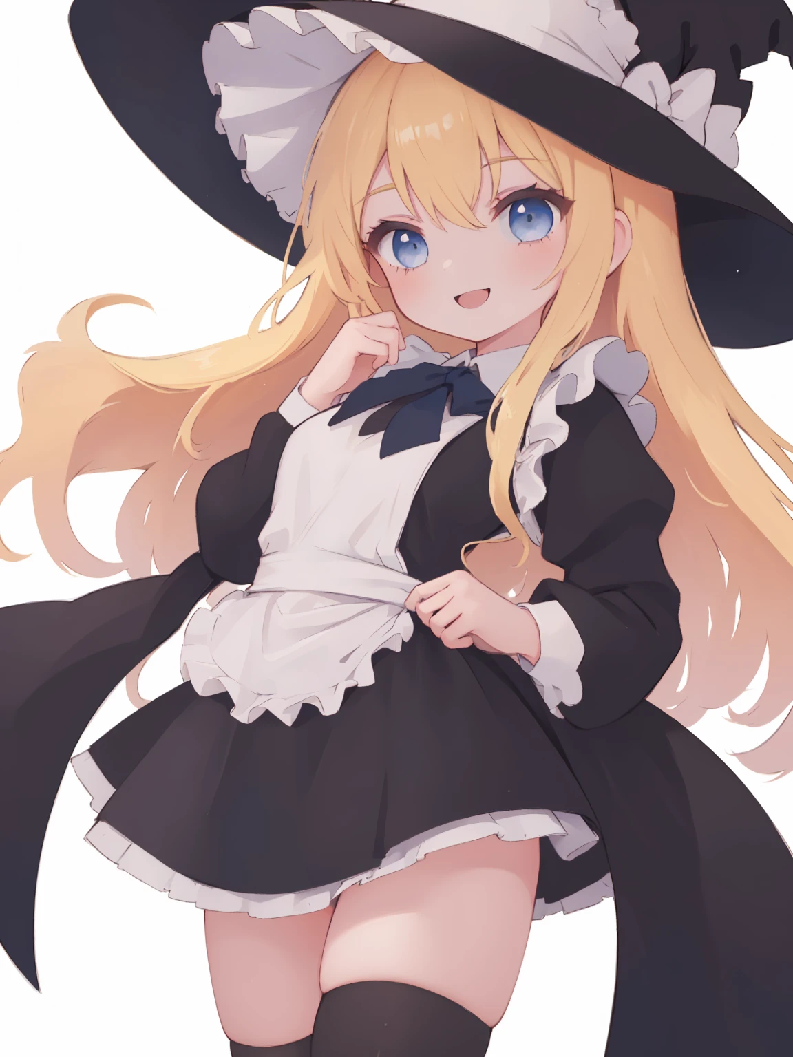 blond blue eyes, absurdres, absolutely resolution, incredibly absurdres, highres, ultra detailed
BREAK
(1girl, solo:1.4), beautiful and shiny skin, coquettish skin, dynamic angle, close-up, cowboy shot, smile
BREAK
witch maid, smile, black thighhigh, leg up outside, white background,
nice hands, perfect hands, 