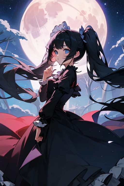 cute and beautiful vampire girl, eyes, big blue eyes, , lots of frills, black long dress, twintail, round full moon, starry sky,  black hair blowing in the wind, trees, bloom light effect,