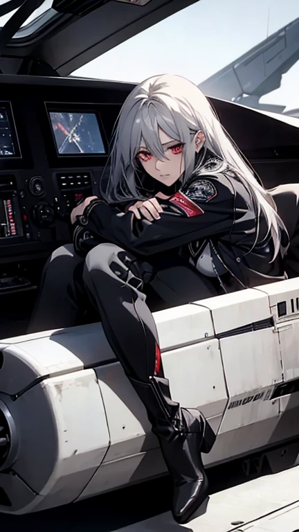 Woman with long silver hair, Red eyes, Wearing a black pilot jacket, skinny pants, boots, Sitting quietly in the cockpit with his knees hugged, beautiful, mature, thin, dark, melancholic