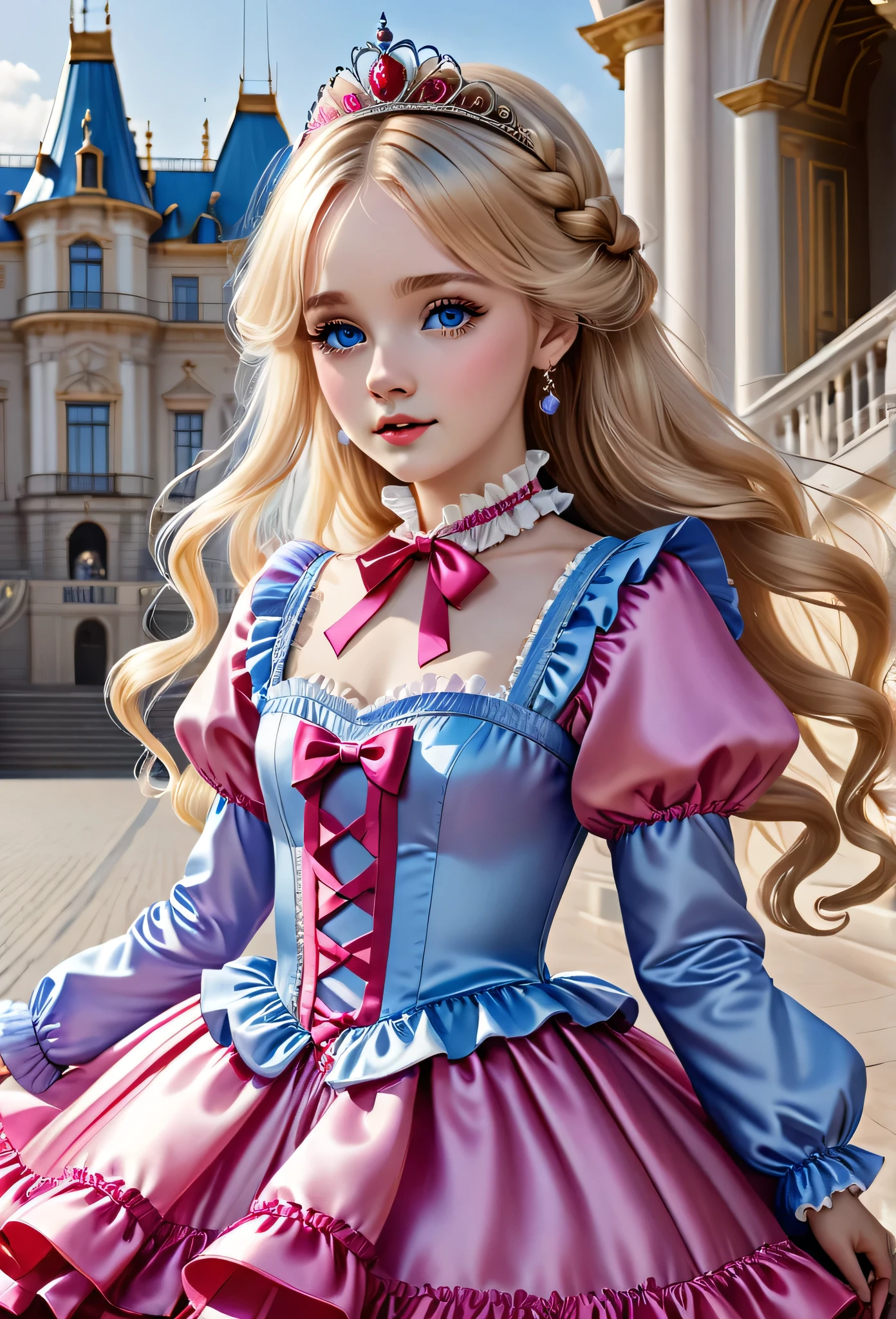 ,highest quality, masterpiece, highest resolution, artwork, 3K realistic photos,,(( girls)),Super detailed baby face,both arees,Full length ball gown dress with hoop skirt,ruffled yoke collar,Detailed braided ribbon on chest,puff sleeves,long sleeve,((Lolita style hot pink detailed princess satin dress、Comes with lots of frills and ribbons。)),shiny silk satin dress,soft and smooth silk satin fabric,luxury,Very long blonde hair,blue eyes,white skin european,pajamas,((Outside the palace)),Princess dancing happily,gorgeous flowing dress,fine white frills and lace,Super long hair that is as tall as your body,the princess is running