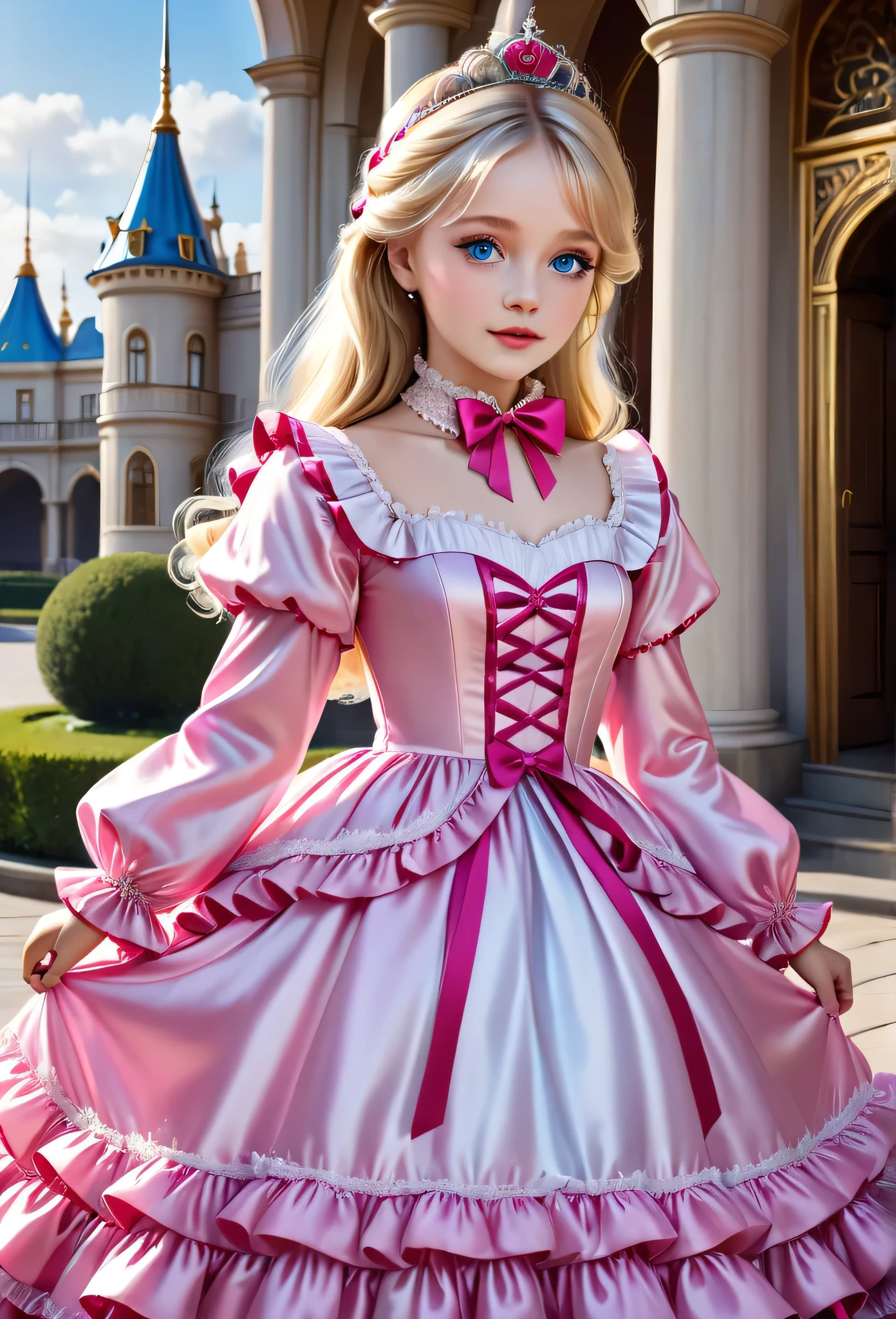 ,highest quality, masterpiece, highest resolution, artwork, 3K realistic photos,,((10 year old little girls)),Super detailed baby face,both are princesses,Full length ball gown dress with hoop skirt,ruffled yoke collar,Detailed braided ribbon on chest,puff sleeves,long sleeve,((Lolita style hot pink detailed princess satin dress、Comes with lots of frills and ribbons。)),shiny silk satin dress,soft and smooth silk satin fabric,luxury,Very long blonde hair,blue eyes,white skin european,pajamas,((Outside the palace)),Princess dancing happily,gorgeous flowing dress,fine white frills and lace,Super long hair that is as tall as your body,the princess is running