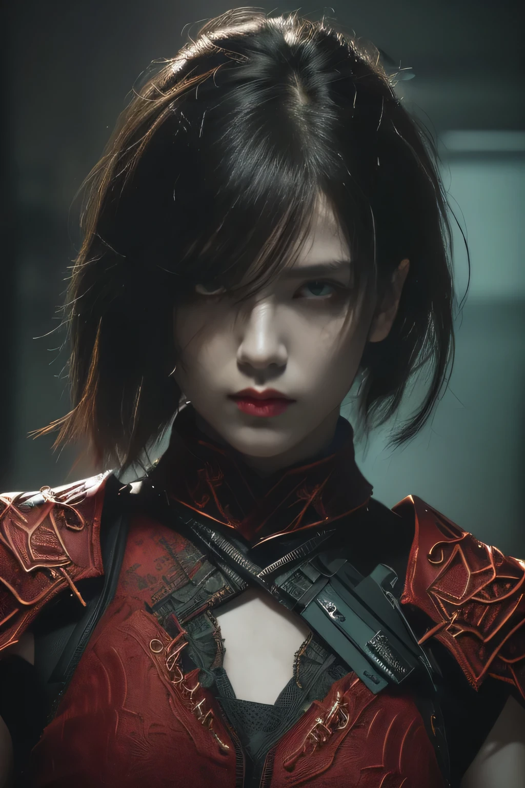 tmasterpiece,Best quality,A high resolution,8K,(Portrait photograph:1.5),(ROriginal photo),real photograph,digital photography,(Combination of cyberpunk and fantasy style),(Female soldier),20 year old girl,random hair style,By bangs,(Red eyeigchest, accessories,Redlip,(He frowned,Sneer),(Cyberpunk combined with fantasy style clothing,Openwork design,joint armor,police uniforms,Red clothes,Green),exposing your navel,Photo pose,Realisticstyle,Thunder and lightning on rainy day,(Thunder magic),oc render reflection texture