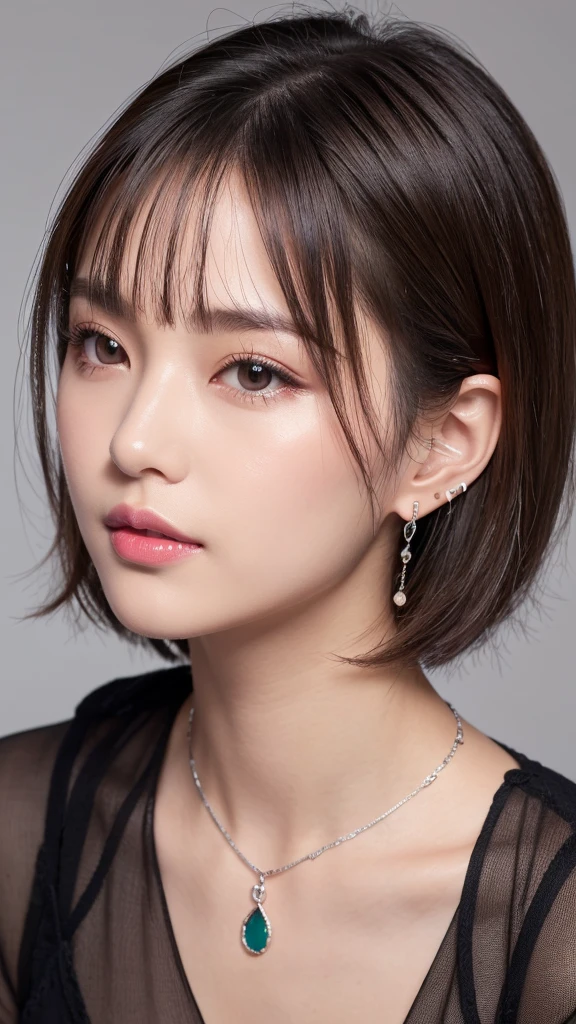 (8k, Photorealistic, Raw photo, Highest quality: 1.4),Japanese idol style1Beautiful girl of the person,18-year-old,Very short hairstyle,Silver Hair,Hang your hair over your ears,Wearing small earrings in the ears,Big, clear grey eyes,Long eyelashes,Tear bags,There is a blackhead under the left eye,Plump Cheeks,Wearing pink lipstick,Apply gloss over your lipstick for glossy, plump lips,A short pendant is hanging around her neck.,He is wearing a black diver's watch on his left wrist.,Both hands have pink nail polish on their nails,Both toenails have red nail polish,Smiling,Wearing an oversized white T-shirt,Wearing skin-tight, ripped jeans,She is wearing red high heels on her bare feet,She is wearing an anklet on her right ankle,She is surrounded by the gentle sunlight filtering through the trees.,Full body portrait