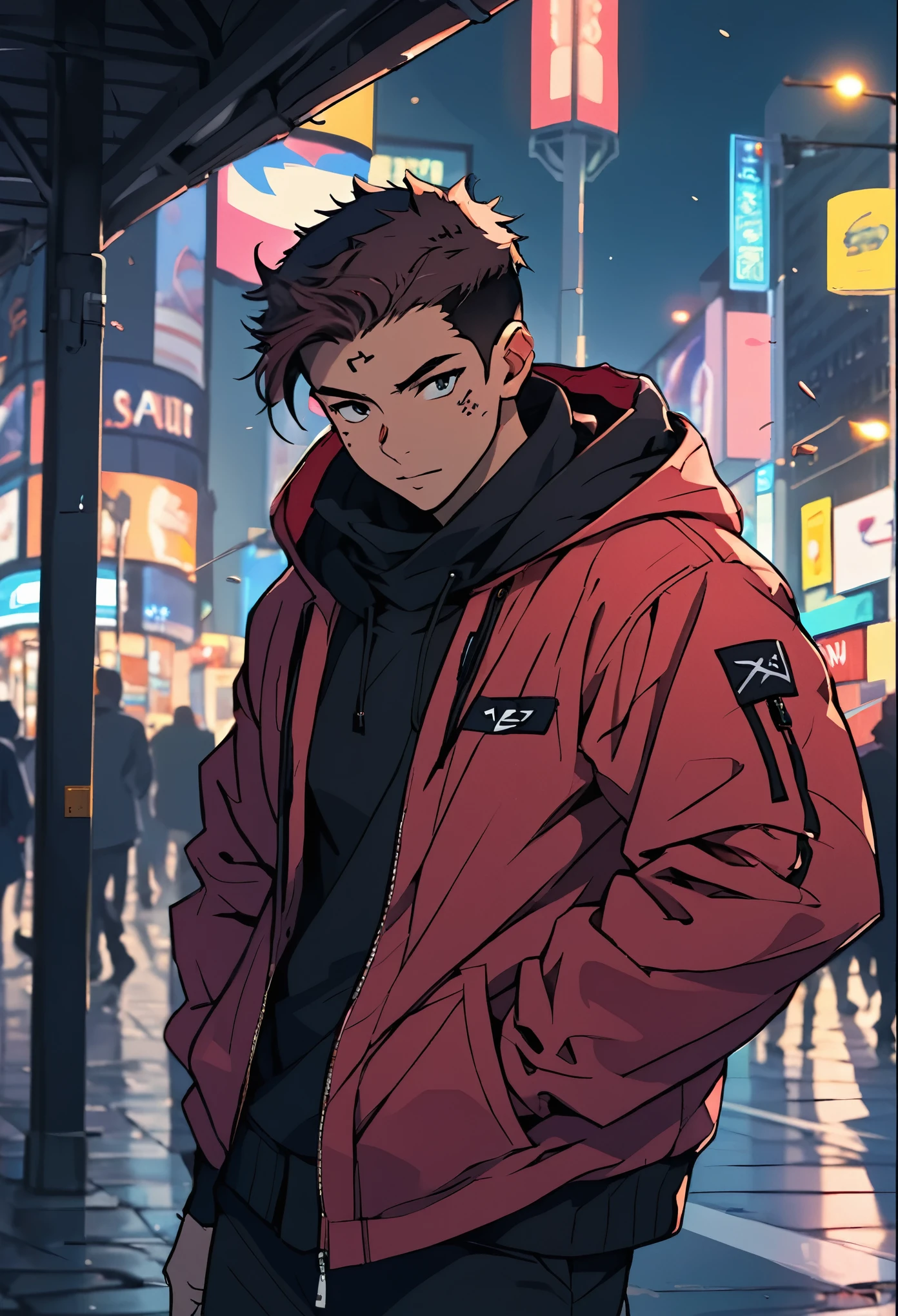 best quality, 8K, image high resolution, good lighting, detailed shadows, detailed strokes, In the middle of a bustling Times Square-style street at night. , winter, leaning against one of the pillars, Teens, Yuji Itadori, Dark pink hair , wearing a cold jacket , male , When I wear a jacket, my chest feels tight. , (floor angle), (close up angle), defined legs, defined arms, with shirt,