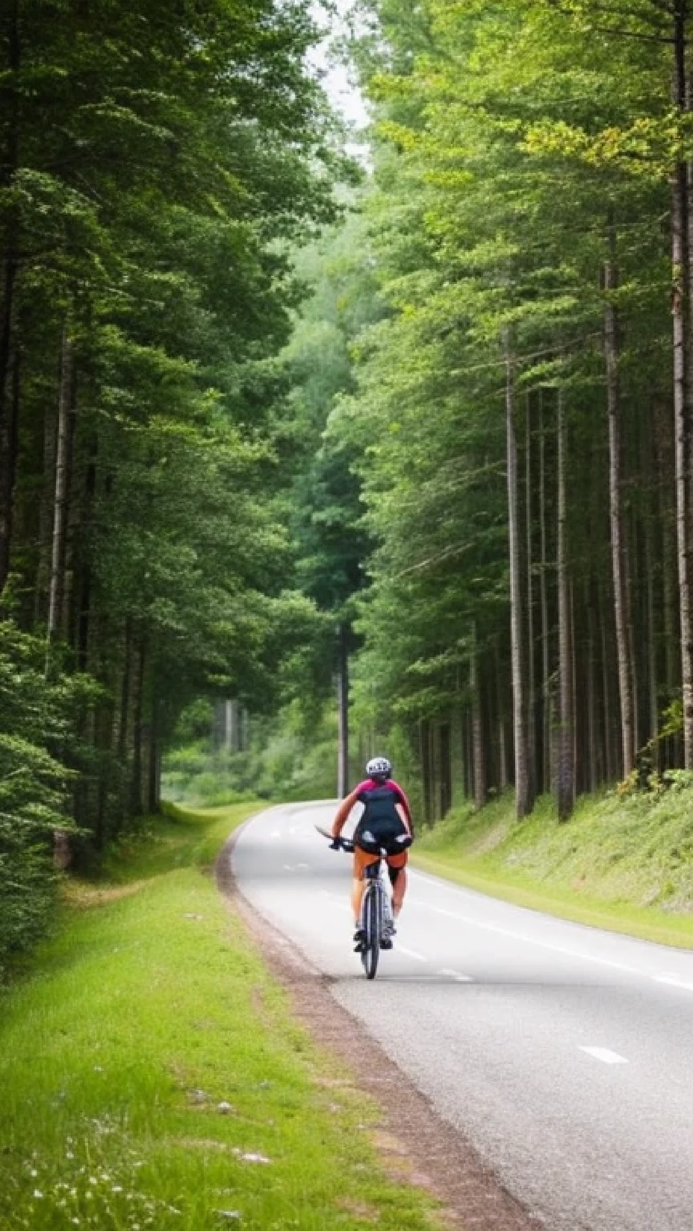 A woman leaning on a road bike in the middle of nature
