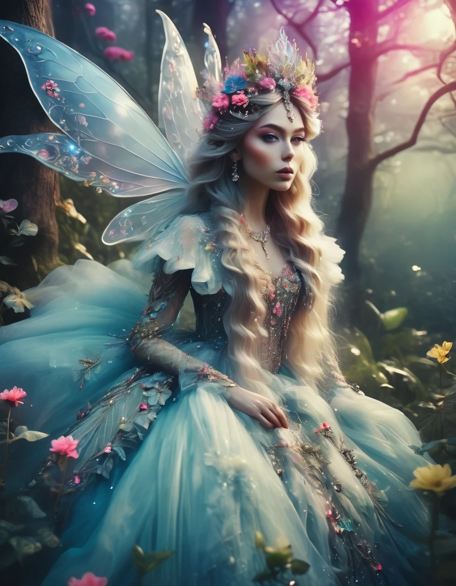 Fairy Queen,Enchanted Forest,artistic photography, style of Bella Kotak, a closeup shot of a fairy, whimsical landscapes and settings, intricate costumes and accessories, fairytale-like aesthetics, vibrant and saturated colors, dreamy and ethereal lighting, ultra hd, realistic, perfect composition, 8k