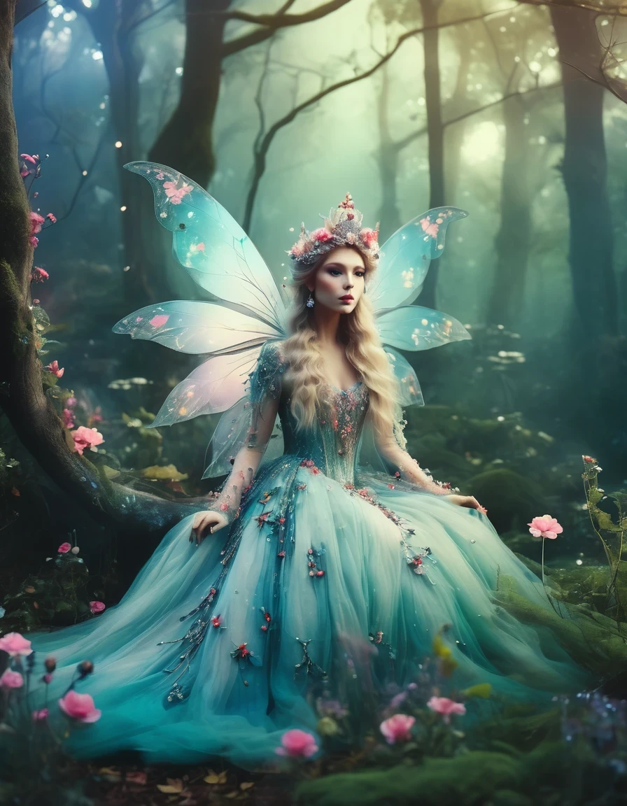 Fairy Queen,Enchanted Forest,artistic photography, style of Bella Kotak, a closeup shot of a fairy, whimsical landscapes and settings, intricate costumes and accessories, fairytale-like aesthetics, vibrant and saturated colors, dreamy and ethereal lighting, ultra hd, realistic, perfect composition, 8k