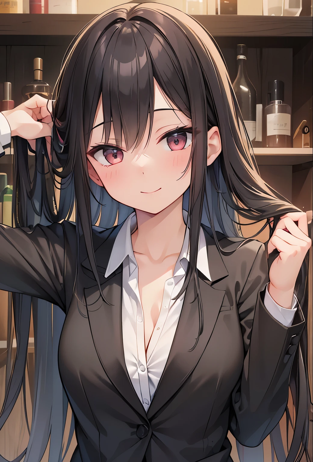 Masterpiece,best quality,Woman, 32 years old, business suit, black hair, long hair, drunk, blushing, bar, smiling,, (((Grabbing my own hair and pulling it left and right))),